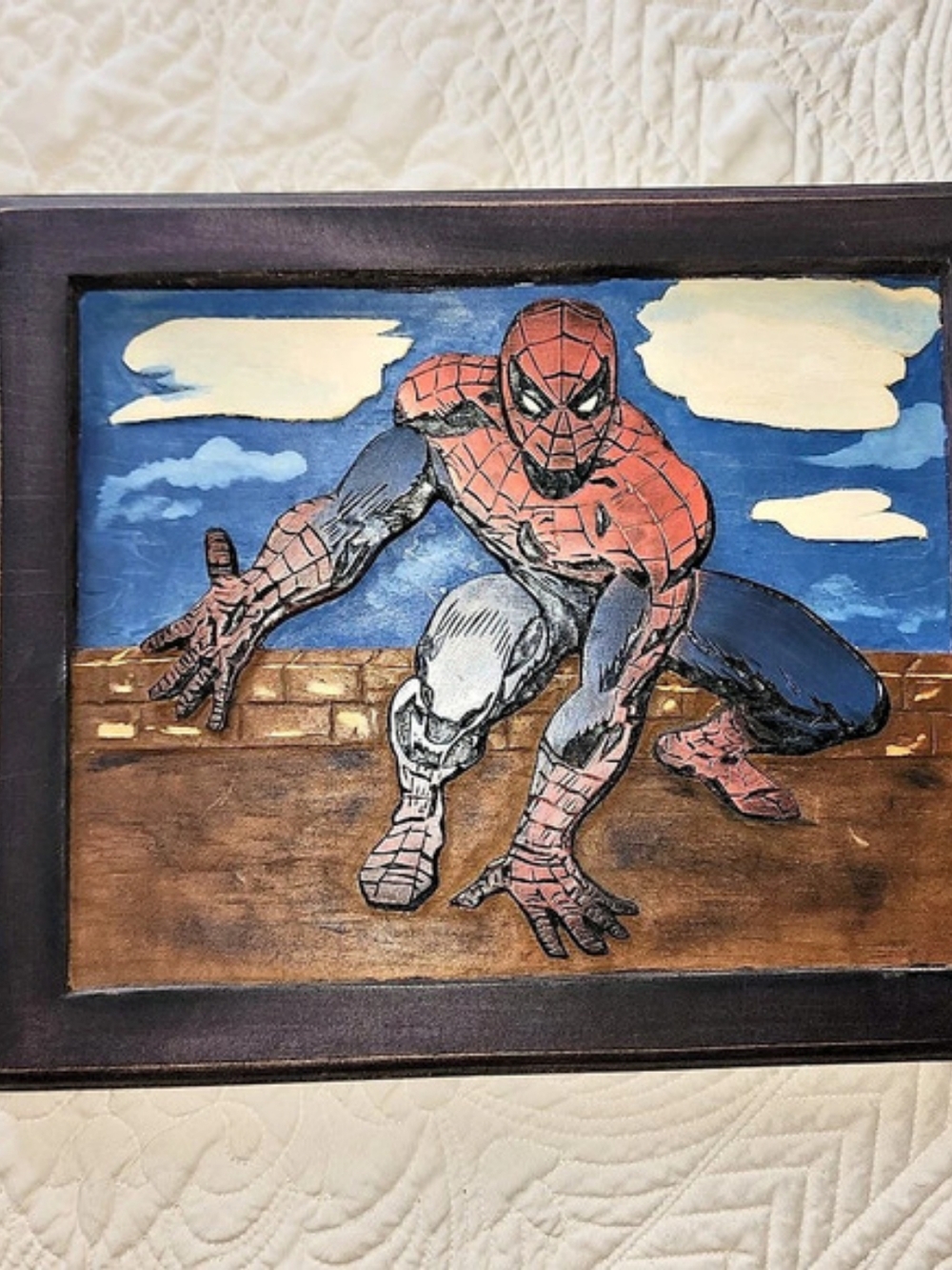 Handmade Spider-Man 3D Wood Wall Art – Framed – Approx. 12" × 10"